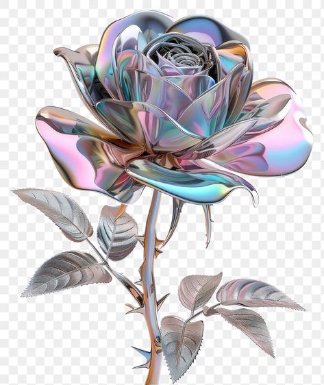 Holographic Design Graphics, Chrome Graphic Design, Cyberpunk Png, Holographic Flowers, Rose Flower Illustration, Flower Y2k, Flowers Elements, Y2k 3d, Metal Illustration