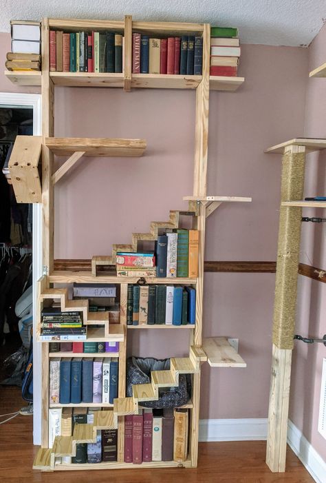 Cat Tree Ideas Apartments, Diy Cat Tree Bookshelf, Wooden Cat Furniture, Bookshelf For Cats, Cat Bookcase Diy, House With Cats Living Rooms, Cat Tree Furniture, Cat Bookshelf Diy, Diy Cat Bookshelf