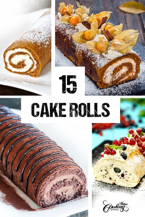 Peanut Butter Cup Chocolate Cake Roll, Angel Food Roll Cake, Cake Rolls Design, Italian Cream Cake Roll, Rolled Cake Design, Thanksgiving Swiss Roll Cake, Chocolate Peanut Butter Roll, Spice Cake Roll Recipe, Bush De Noel Yule Log Cake Recipes