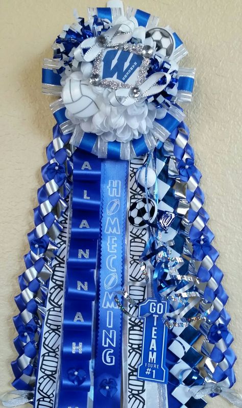 Blue And Silver Mums Homecoming, Aesthetic Homecoming Mums, Blue White And Black Homecoming Mums, Homecoming Mum Blue And White, Mums Blue And White, Homecoming Mums Blue And White, Junior Year Homecoming Mum, Blue And White Homecoming Mums, Blue And White Mums Homecoming