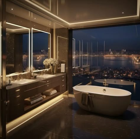 Fancy Apartment Bathroom, Fancy Hotel Bathroom, Penthouse Bathroom Luxury, Fancy Bathroom Luxury, New York Penthouse Luxury, Expensive Penthouse, New York Living Room, Penthouse Bathroom, Penthouse Aesthetic