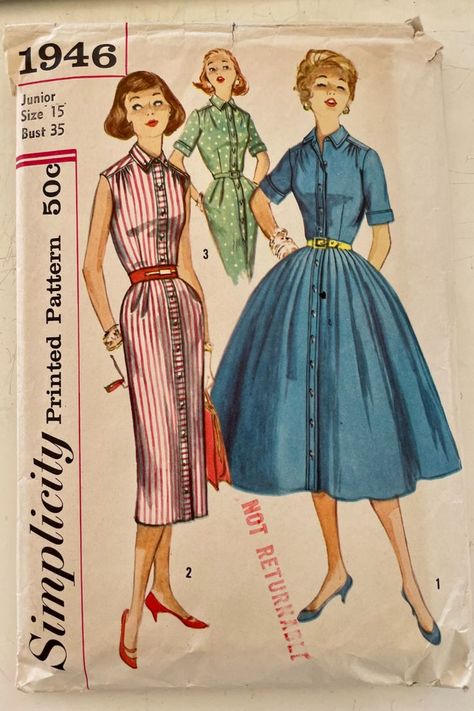 1950s Shirtwaist Dress, 50s Patterns, Pleated Skirt Pattern, 1950s Dress Patterns, Shirt Dress Pattern, Dresses By Pattern, Simplicity Dress, Shirtwaist Dress, Full Skirt Dress