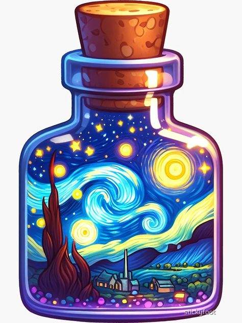 Cute Bottle Drawing, Starry Night Tattoo, Bottle Drawing, Jar Design, Scrapbook Book, Christian Stickers, Van Gogh Art, Starry Night Van Gogh, Book Art Diy