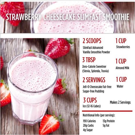 Slimfast Recipes, Strawberry Cheesecake Smoothie, Slim Fast Shakes, Apricot Smoothie, Slim Fast Diet, Cheesecake Smoothie, Sugar Free Pudding, Overnight Oat, Low Carb Diet Plan