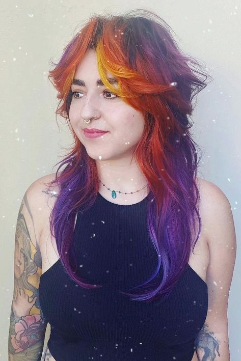 Shag Hair Cut Colourful Shag Hair, Dark Roots Vivid Hair, Rainbow Color Melt Hair, Rainbow Shag Hair, Purple Shag Hair, Rainbow Split Dye, Gwen Hair, Wig Closet, Shag Hair