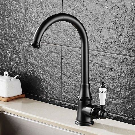 Karon Classic Single Hole Gooseneck White Single Porcelain Handle Kitchen Faucet Solid Brass - Kitchen Faucets - Bath & Faucets Black Kitchen Taps, Brass Kitchen Sink, Chrome Kitchen Faucet, Black Kitchen Sink, Brass Kitchen Faucet, Black Kitchen Faucets, Fitted Bathroom, Kitchen Vanity, Sink Mixer Taps