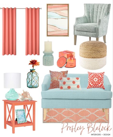 Coral And Turquoise Living Room, Orange Coastal Decor, Blue Coral Living Room, Coral Room Decor, Coral Living Room, Coral Beach House, Home Mood Board, Coral Living Rooms, Beach House Decor Living Room