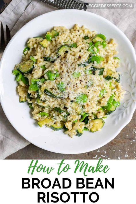 You'll love this Broad Bean Risotto with zucchini! It's easy to make and is packed with flavor. Risotto Recipes Vegetarian, Bean Risotto, Broad Bean Recipes, Italian Rice Dishes, Bean Pasta Recipes, Vegetarian Italian Recipes, Vegetarian Main Meals, Vegetarian Risotto, Vegan Italian Recipes