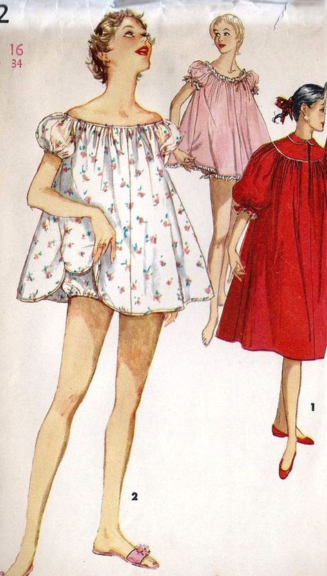 Negligee Pattern, 1960s Lingerie, Baby Nightgown, 1950s Pinup, Nightgown Pattern, Vintage Pajamas, Vintage Dress Patterns, Vintage Nightgown, Fashion 1950s