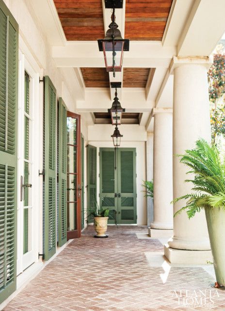 West Indies Style, Green Shutters, British Colonial Style, Casas Coloniales, Shutters Exterior, House Beach, Casa Exterior, Brick Flooring, Atlanta Homes