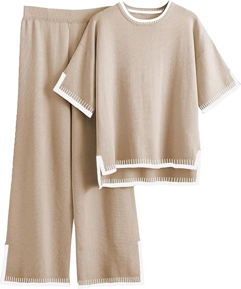 Famulily Women Matching Set Co Ord Sets Knit Lounge Sets Short Sleeve Wide Leg Pants Tracksuit Khaki M : Amazon.co.uk: Fashion Sweater Sets Womens, Outfits Short Sleeve, Sweater Sets, Tracksuit Outfit, Matching Sets Outfit, Tunic Tops Casual, Activewear Sets, Knitted Tops, Long Sleeve Knit Sweaters