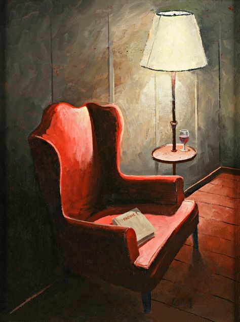 Red Armchair Living Room, Chair Oil Painting, Chair Painting Art, Armchair Illustration, Chair Painting, Diy Wall Design, Royal Chair, Red Armchair, Chair Pose