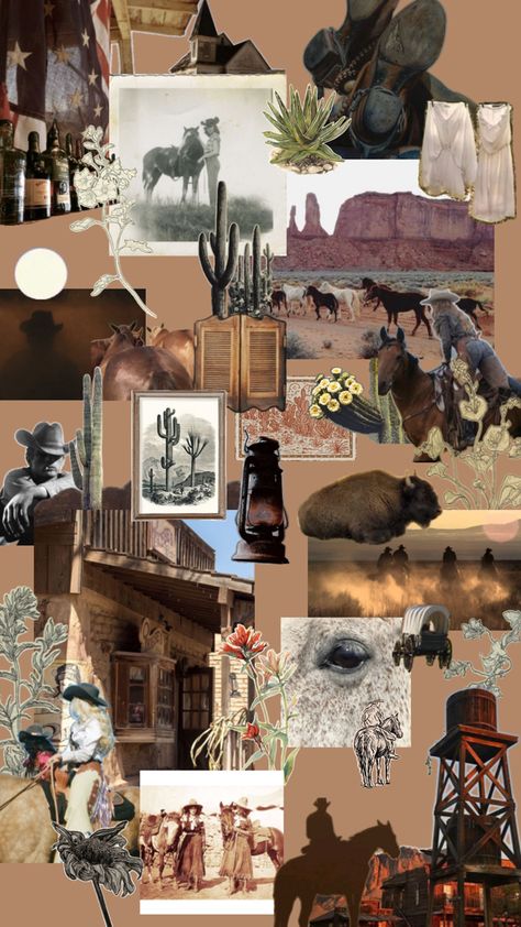 collage with a Wild West theme featuring cowboys, cowgirls (or cowpeople), cactuses, flowers, wagons, lanterns, boots, hats, horses, and things of that sort The Old West Aesthetic, Western Halloween Aesthetic, Spaghetti Western Aesthetic, Witchy Western Aesthetic, Old Western Aesthetic, Epic Aesthetic, Wild West Aesthetic, Vintage Western Aesthetic, Southwest Aesthetic