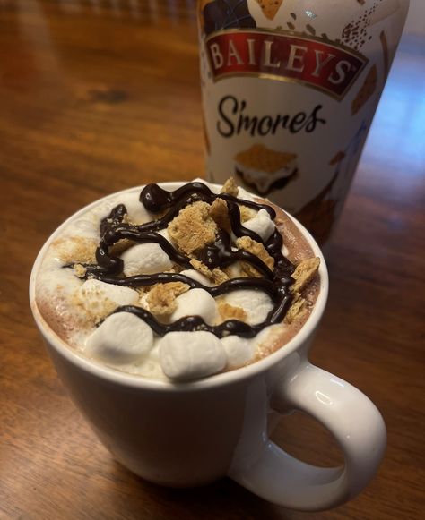 Spiked Hot Chocolate Recipe With Bailey's S'mores Smores Baileys Recipes, Smores Baileys, Baileys Smores Recipes Drinks, Baileys Smores, Baileys Recipes Drinks, Spiked Hot Chocolate Recipe, Smores Hot Chocolate, Chocolate Smores, Boozy Hot Chocolate