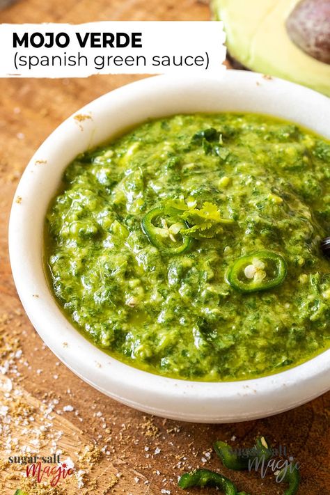 You’re going to want to put this mojo verde (aka Spanish green sauce) on everything, and you just about can. This tangy herb sauce, with a kick of chilli, is fresh and vibrant and perfect on anything from fish and grilled meats to potatoes and tacos. Ahi Verde Sauce, Green Chilli Sauce Recipe, Mojo Verde Sauce, Cuban Green Sauce, Sauce For Potatoes, Spanish Seasoning, Mexican Green Sauce, Spanish Sauce, Mojo Verde