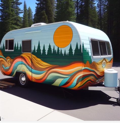 Painting A Caravan Exterior, Painted Travel Trailer, Diy Camper Renovation Ideas, Caravan Painting Ideas, Retro Camper Interior Ideas, Painted Camper Exterior, Exterior Camper Makeover, Rv Painting Exterior, Trailer Paint Ideas