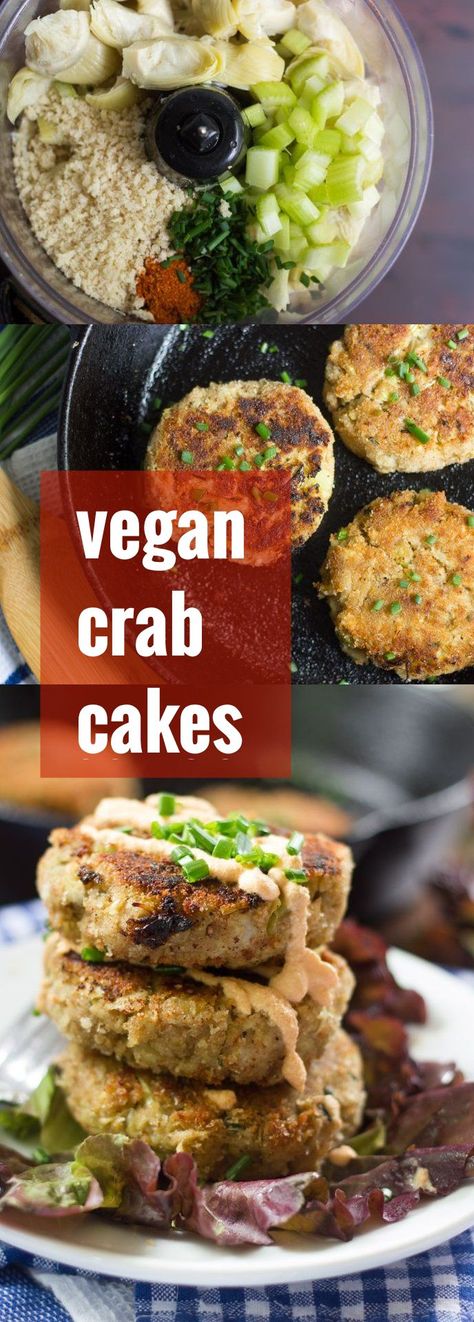 Vegan Crab Cakes with Sriracha Aioli Vegan Diner, Vegan Crab Cakes, Vegan Crab, Vegan Fish, Vegan Burgers, Vegan Appetizers, Vegan Lunch, Crab Cakes, Vegan Cooking