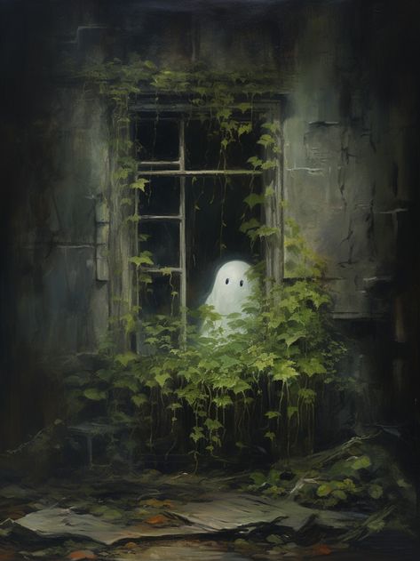 An oil painting of a cute little ghost standing behind a window. Ghost In Window, Image Halloween, Halloween Wallpaper Cute, Arte Peculiar, Halloween Artwork, Halloween Painting, Art Halloween, Wallpapers Iphone, A Ghost