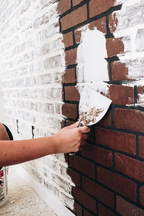 Fake Brick Wall, Diy Faux Brick Wall, Brick Wall Ideas, Diy Brick Wall, Faux Brick Wall Panels, Fake Brick, Faux Brick Wall, Guest Bathroom Renovation, Brick Wall Paneling