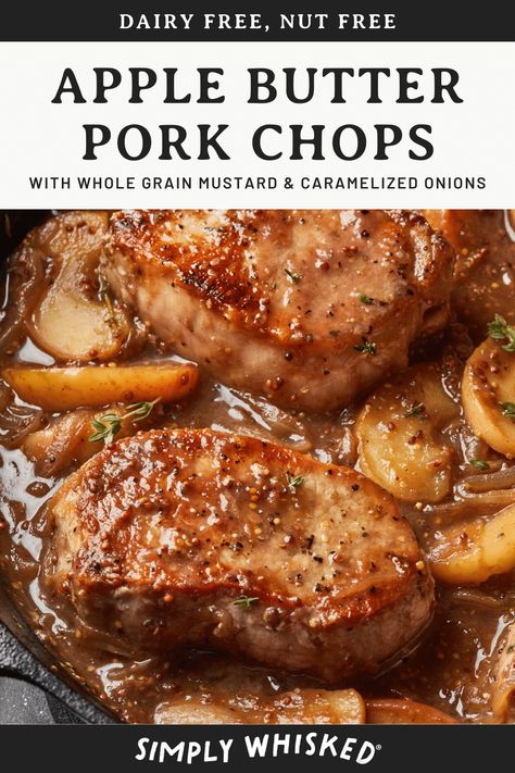 These pork chops are browned with apple butter, whole grain mustard and deliciously caramelized onions. With only 5 ingredients, this quick and easy recipe is a perfect weeknight meal. Crockpot Apple Butter Pork Tenderloin, Pork Chops With Honey Mustard Sauce, Pork Chop Murphy Recipe, Apple Butter Pork Chops Baked, Pork Chops That Melt In Your Mouth, Brown Butter Pork Chops, Apple Dijon Pork Chops, Apple Sage Pork Chops, Apple Butter Glazed Pork Chops