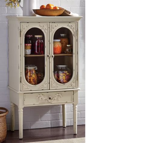 Pisa Antique-Style Cabinet | Montgomery Ward Country Doors, Distressed Decor, Cabinet Detailing, Country Door, Beautiful Cabinet, Tempered Glass Door, Metal Cabinet, Antique Cabinets, Sage Color