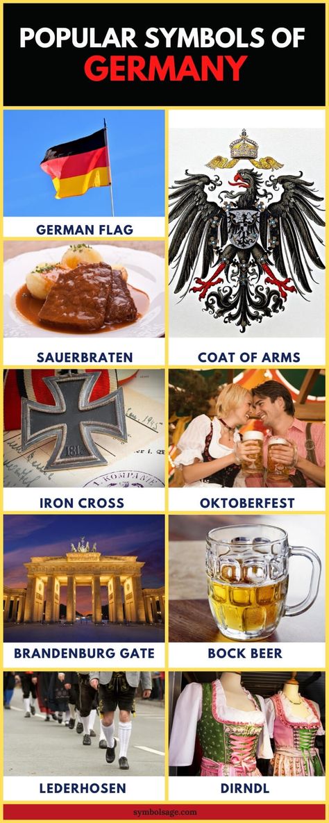 A list of popular official and unofficial German symbols that showcase its rich culture and history. Germany History Pictures, Germany School Project, German Tattoo Symbols, Iron Cross Germany, German Culture Aesthetic, Germanic Tattoos, Germanic Culture, Country Symbols, German Symbols