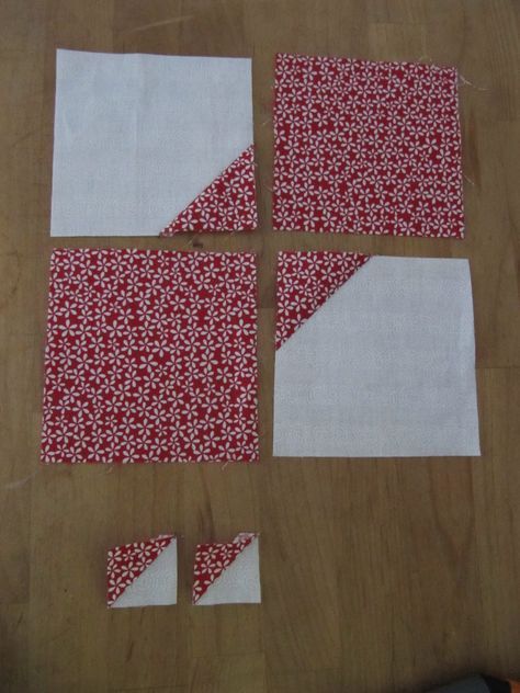 Bow Tie Tutorial: 3 5" squares in red, 2 5" squares in white. Cut 1 red square into 4 squares (2 1/2"). This tutorial tells you how to salvage the wasted corners that normally result from this method, yielding 2 HSTs that are 1 1/2" square. Bowtie Quilt Block Pattern, Bowtie Quilt, Bow Tie Quilt, Tie Quilts, Make A Bow Tie, Charm Pack Quilt Patterns, Charm Pack Quilts, Tie Quilt, Make A Bow