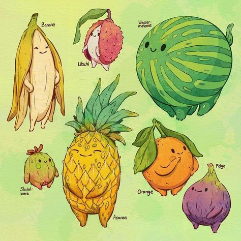 Fruit Cute Drawing, Cute Fruit Art, Cute Fruit Illustration, Fruit Drawings, Gardening Illustration, Gardening Drawing, Fruits Illustration, Fruit Character, Growing Art