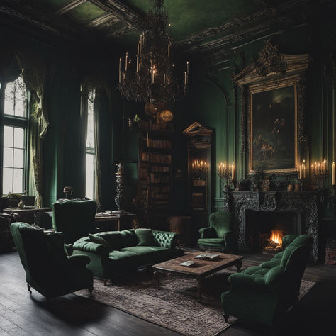 A dark emerald green library in a gothic aesthetic with a warm inviting glow from the black marbled fire place, with a large ornate golden framed portrait illuminated by dimly lit candles. There are dark wooden bookcases nestled into the corner filled books ready to be read whilst slumbering in a green tufted velvet chair with large winged backs and curled arm rests. The room is accented with dark wooden floors, long drawn drapes, rustic carved furniture, with an overcast rainy view. Green Library Room, Emerald Green Rooms, Dark Academia Living Room, Dark Academia Interior, Dark Green Rooms, Gothic Living Room, Dark Green Living Room, Green Library, Gothic Room