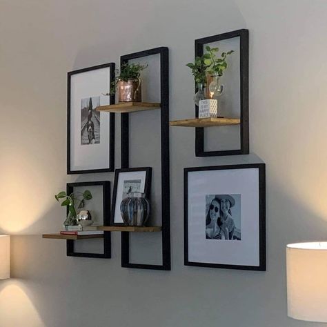 We live for these! - Customer Cam 📷 Our customer sent over some pics of the 5pc Custom Framed Shelves ordered from us and did an absolute … | Instagram Shelves With Photo Frames, Accent Shelf Decor, Floating Shelves And Mirror Wall Decor, Unique Photo Frame Ideas Creative, Pretty Dorm Room, Niche Decor, Creative Photo Frames, Shelf Decor Living Room, Kitchen Tray