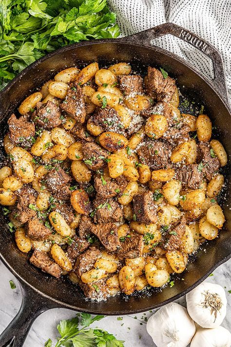 Garlic Butter Steak Bites And Gnocchi, Gnocchi And Steak Recipe, Meals With Gnocchi Dinners, Gnocchi Recipes Steak, Dishes With Gnocchi, Blackstone Gnocchi, Soups With Steak, Steak Gnocchi Recipes, Easy Receipts For Dinner