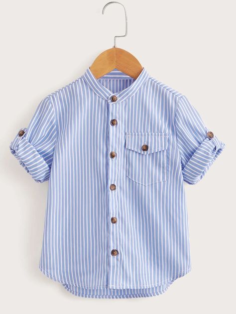 Boys Striped Patched Pocket Shirt | SHEIN USA Boys Summer Shirts, Outfits With Striped Shirts, Masculine Clothing, Shirts For Teens Boys, Baby Boy Tops, Kids Blouse, Dressy Shirts, Roll Up Sleeves, Dresses Kids Girl