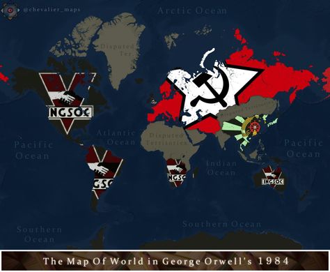 Map of World in George Orwell's 1984 - Brilliant Maps Map Of World, Cartography Map, Apocalypse Character, World Map Design, George Orwell 1984, Beloved Book, Drawing Games, Alternate History, George Orwell