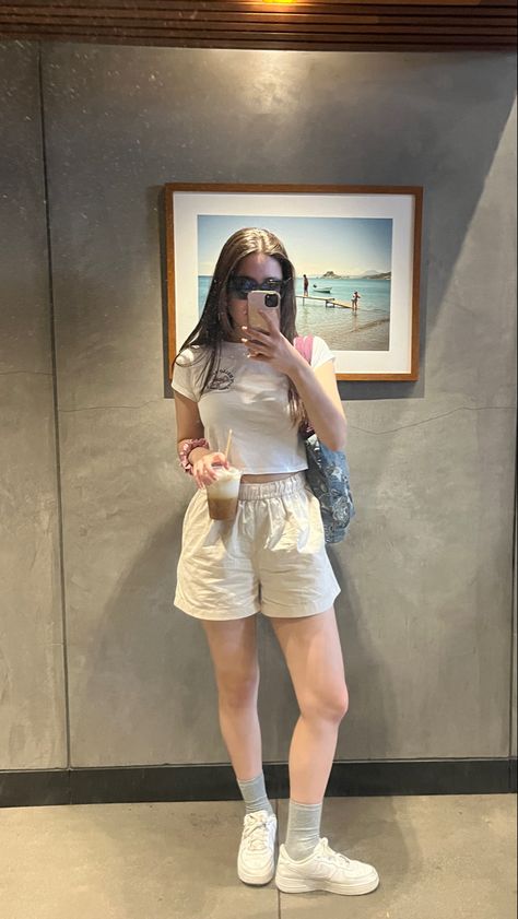 white beige summer outfit coffee latte errand uniqlo chino shorts hello kitty tshirt Beige Sweat Shorts Outfit, Beige Short Pants Outfit, Beige Sweatshorts Outfit, Simple Errands Outfit, Off White Shorts Outfit, Summer Outfits Thailand, Korean Outfits With Shorts, Beige Shorts Outfit Aesthetic, White Short Pants Outfit