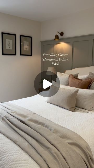 Beth Aspinall on Instagram: "Evening! Bedrooms colours..
A question, I’m frequently asked! So here are the wall & panelling colours of this bedroom!😊
Walls @lauraashleyuk ‘Ivory’
Panelling @farrowandball ‘Hardwick White’.
Save for inspiration 😊
Happy Thursday xx

Prints @themuseehome 
Lighting @jimlawrencemade 
Bedding @neptunehomeofficial 

#bedroom #colour #paint #walls #decorideas #decor #homedecorideas #homedetails #homedecorating #homedecorinspo #neutral #neutralshades #neutraltones #inspohome #inspo #viralreel #viralposts #designdeinteriores #designideas #designinterior #instareels #home #decorationideas #feature #interiorforyou #interiør #interiordecorating" Hardwick White Bedroom, Panelling Walls Bedroom, Bedroom Panelling Colour Ideas, Bedroom Panelling Wall Ideas, Bedroom Paneling Ideas, Panelling Colours, Wall Paneling Ideas Bedroom, Bedroom Panelling Wall, Bedroom Panelling Ideas