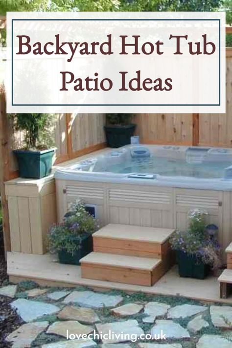 Patio Decorating Ideas With Hot Tub, Decorating Ideas For Hot Tub Area, Backyard Hottub Ideas, Hot Tub Area Decor, Planters Around Hot Tub, Outdoor Hot Tub Area Ideas, Jacuzzi Small Backyard, Deck For Hot Tub Ideas, Decorate Hot Tub Area