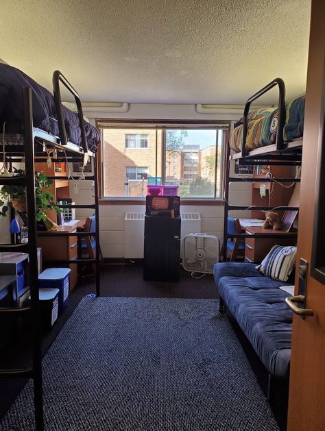 Dorm Room 4 People, College Dorm Two Beds, Dorm Decor Ideas Lofted Bed, Dorm Room For 3 People, Dorm Room Ideas 3 People, Space Saving Dorm Ideas, Dorm 2 People, College Dorm Shelves, Dorm Room Inspiration College Minimalist