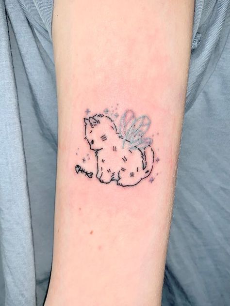 Two Kittens Tattoo, Kitty With Wings Tattoo, Fairy Cats Tattoo, Cute Cats Tattoo, Kitty Fairy Tattoo, Lover Stomach Tattoo, Cat With Fish Tattoo, Angel Kitten Tattoo, Winged Cat Tattoo