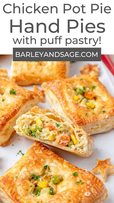 These mini chicken pot pies with puff pastry are a like my classic chicken pot pie but in hand pie form! They have a crispy, flaky puff pastry stuffed with a creamy filling of fresh vegetables and tender chicken! They're the perfect single serving savory appetizer. Pie, Quiche, Chicken Pot Pie Hand Pies, Pot Pies With Puff Pastry, Recipes Puff Pastry, Puff Pastry Dinner, Puff Pastry Recipes Dinner, Chicken Hand Pies, Classic Chicken Pot Pie