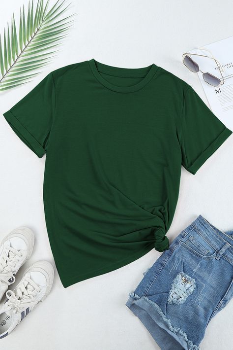 $4.1 Green Casual Plain Crew Neck Tee Wholesale Plain Tees, Clothing Photography, Hangzhou, Swimwear Cover Ups, Swimwear Cover, Types Of Dresses, Mock Ups, New Tops, Types Of Skirts