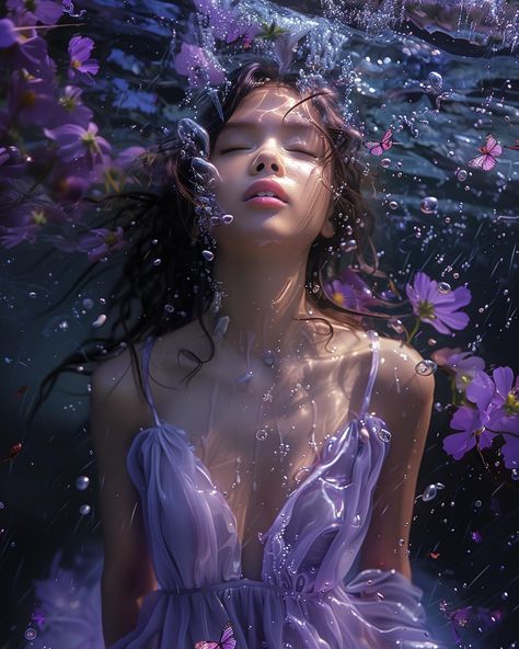 The overall mood is one of tranquility and otherworldly beauty, capturing a moment of quiet reflection amidst the underwater blossoms. #aiart#ai#aicommunity#mydrawing#mydream#artist#aidesigner#aiphotography#midjourney#midjourneyart#midjourneygallery#mywork#myworld Colour Photography, Disney Inspired, Conceptual Art, Witchcraft Love Spells, Underwater Portrait, Fairy Tale Characters, A Fairy Tale, Going Home, Color Photography