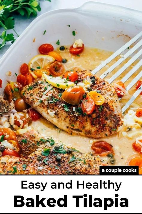 This baked tilapia recipe is bursting with flavor! Pair the fish with lemon, tomatoes and feta for a impressive yet easy dinner. #bakedtilapia #tilapia #tilapiarecipe #bakedfish #healthydinner #healthyrecipe #easyrecipe #easydinner #fish Dinner Recipes Tilapia, Dinner Easy Healthy, Tilapia Dinner, Tilapia Recipes Healthy, Tilapia Recipes Easy, Baked Tilapia Recipes, Tilapia Recipe, Winter Salad Recipes, Salad Dressing Recipes Healthy