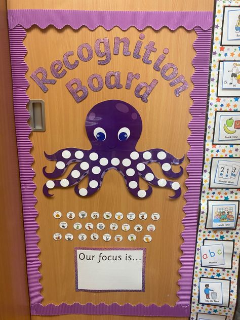 Under the sea themed recognition board for my class. Classroom Recognition Board, Behaviour Board Classroom, Recognition Wall Ideas, Recognition Board Classroom, Classroom Displays Ks2, Behavior Board, Classroom Display Boards, Alphabet Display, Class Displays