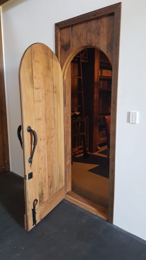 Custom made cellar door from recycled wood Alternative Living, Medieval Decor, Root Cellar, Basement Renovation, Cellar Door, Wine Cellars, Basement Renovations, Easy Woodworking Projects, Recycled Wood