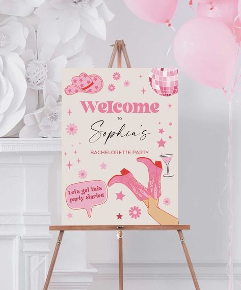 Pink Cowgirl Birthday Party, Pink Cowgirl Birthday, Disco Rodeo, Bachelorette Party Signs, Bachelorette Party Gift Bag, Cowgirl Bachelorette Parties, Template Birthday, Cowgirl Bachelorette, Party Welcome Sign