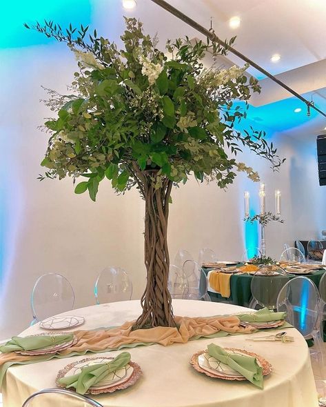 Family Tree Centerpieces, Tree Decorations For Wedding, How To Make Tree Centerpieces, Tree Like Centerpieces, Tree Centerpieces Wedding Forest Themes, Enchanted Forest Prom Table Decorations, Family Tree Centerpiece Ideas, Decorated Trees For Weddings, Fairy Tale Centerpieces