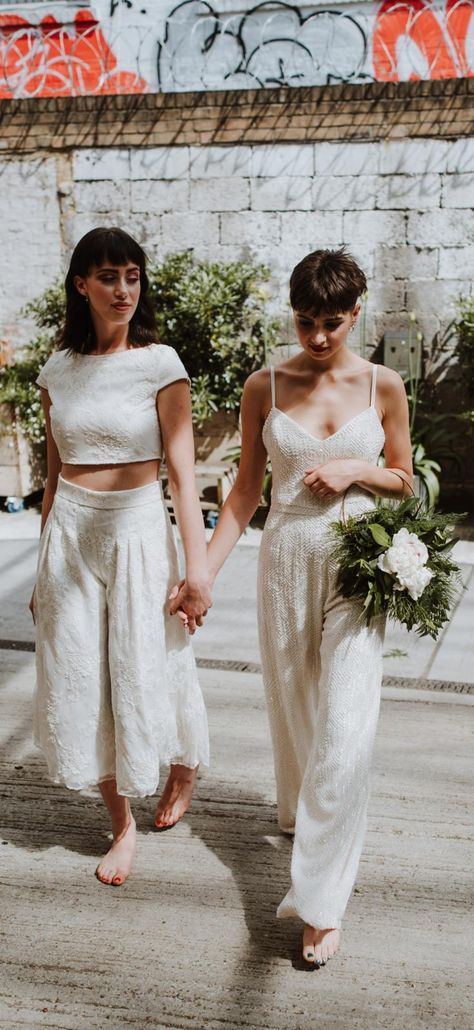 Alternative Lesbian Bridal Wear by House of Ollichon features for Chloe Bond Weddings – the UK's first wedding planner catering exclusively to lesbians & queer women. If you're looking for something different to wear on your big day, check out the stunning collection of bridal separates and bridal jumpsuits at https://houseofollichon.co.uk/shop #LesbianWedding #SameSexWedding #AlternativeWedding #LGBT Lesbian Wedding Outfits, Wlw Wedding, Queer Weddings, Wedding Jumpsuit, Bridal Separates, Lesbian Wedding, Romantic Bride, Gay Wedding, Wedding Dress Trends