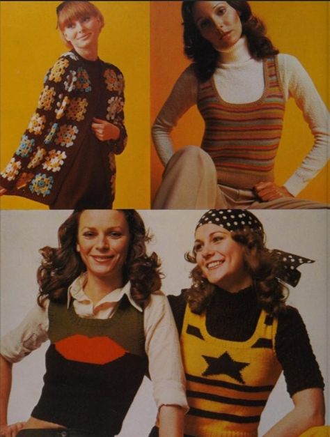 "There are four vintage 1970s knit and crochet patterns; granny square cardigan crochet, and three knitted sweater vests patterns. Hand-made gifts are favorites with everyone whether you make them as presents for friends or your own family and home. You can be sure your thoughtfulness will be appreciated. This 1970's pattern set includes: Lips knitted sweater vest, 32\" 34\" 36\" Star knitted sweater vest 32\" 34\" 36\" Strips knitted sweater vest 32\" 34\" 36\" Granny Square cardigan crochet 32 Fitted Sweater Vest Outfit, 70s Knitwear, Crochet Patterns Granny Square, Vintage Crochet Vest, Hippie Style 70s, Sweater Vest Patterns, Knitted Vest Outfit, Crochet Vest Outfit, Mary Macdonald