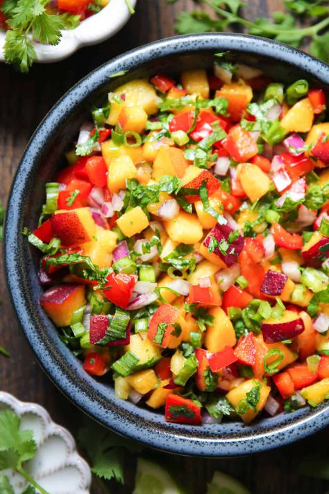 peach salsa in a blue bowl Pineapple Peach Salsa, Salsa With Pineapple, Peach Recipes Dinner, Tomato Salsa Recipe, Easy Homemade Salsa, Best Macaroni Salad, Homemade Salsa Recipe, Peach Recipes, Peach Salsa