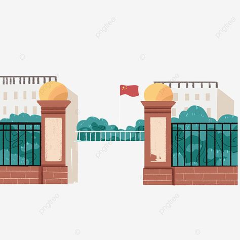 Building Png, School Gate, School Building Design, Creative Building, Bright Blue Sky, School Entrance, School Illustration, Web Design Marketing, Sun And Clouds